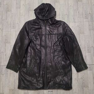 Men's Y2K Preston & York Black Lambskin Leather Moto Biker Jacket Hoodie Size L